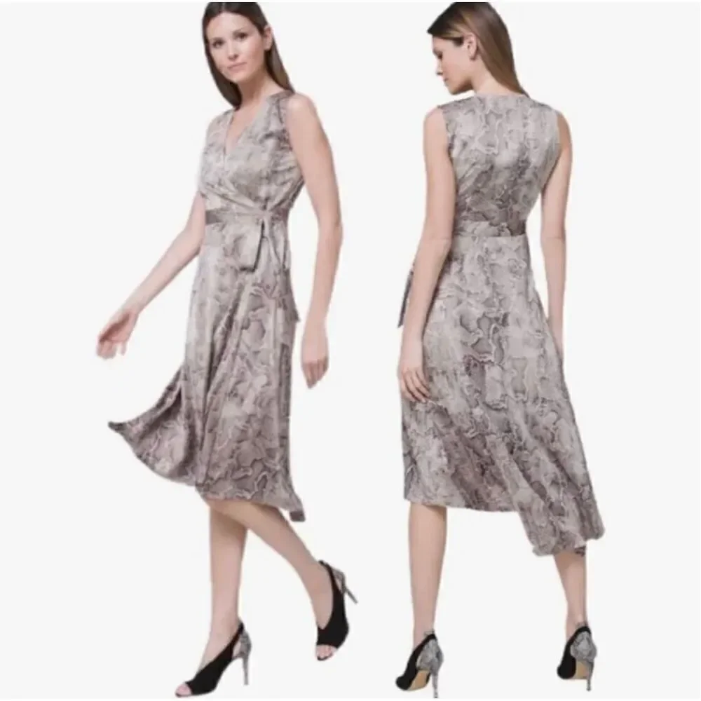White House Black Market Women's Dress 10 Wrap Midi Snake Gray Sleeveless Hi Low - Picture 1 of 3